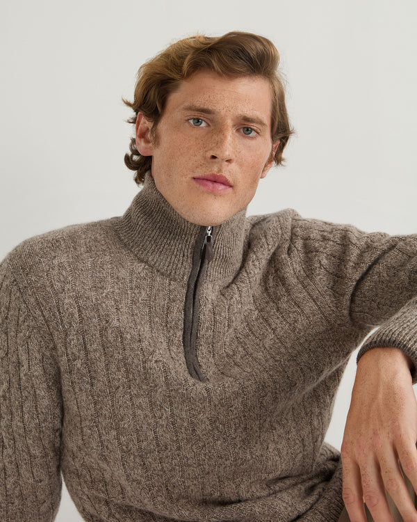 N.Peal Men's Albemarle Cable Half Zip Cashmere Jumper Heather Hazel Brown