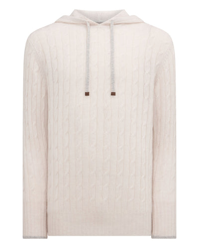 N.Peal Men's Fitzrovia Cable Cashmere Hoodie Frost White