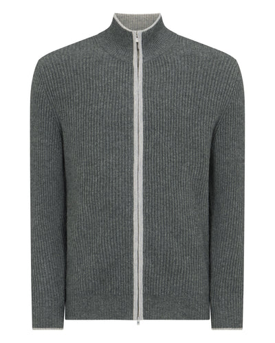 N.Peal Men's Lambeth Rib Full Zip Cashmere Cardigan Elephant Grey