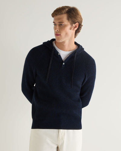 N.Peal Men's Balham Rib Hooded Cashmere Jumper Navy Blue Melange