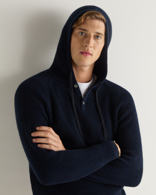 N.Peal Men's Balham Rib Hooded Cashmere Jumper Navy Blue Melange