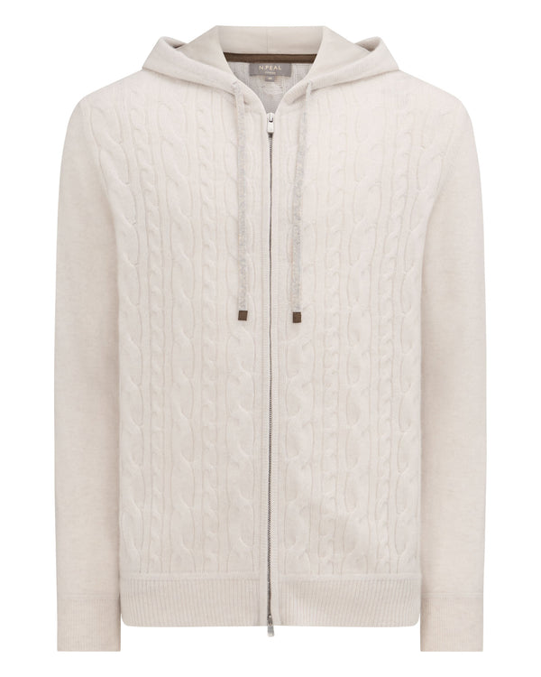 N.Peal Men's Fulham Cable Zip Cashmere Hoodie Frost White