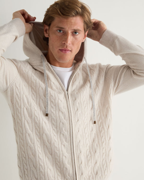 N.Peal Men's Fulham Cable Zip Cashmere Hoodie Frost White