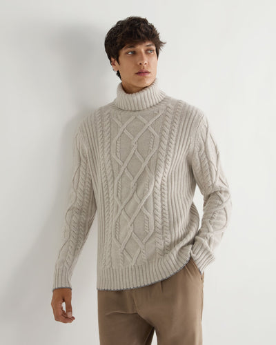 N.Peal Men's Portobello Cable Roll Neck Cashmere Jumper Pebble Grey