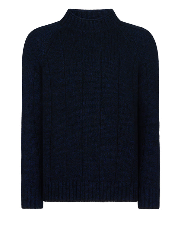 N.Peal Men's Spitalfields Rib Funnel Neck Cashmere Jumper Navy Blue Melange