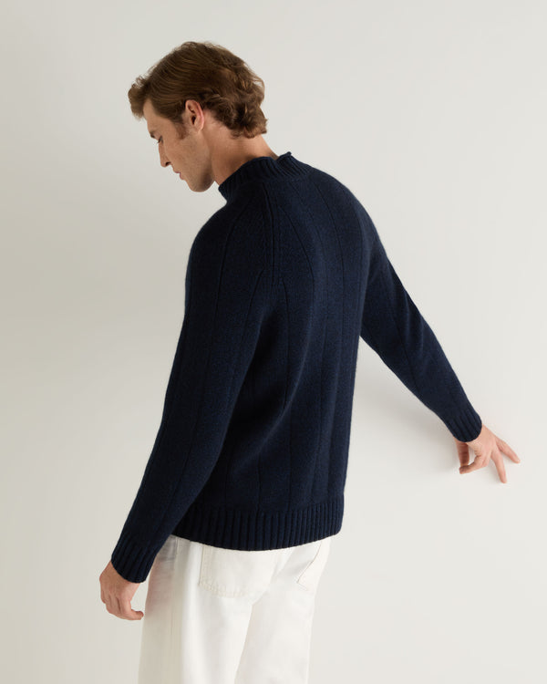 N.Peal Men's Spitalfields Rib Funnel Neck Cashmere Jumper Navy Blue Melange