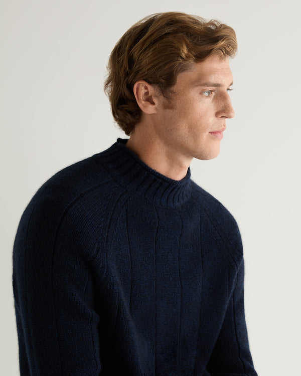 N.Peal Men's Spitalfields Rib Funnel Neck Cashmere Jumper Navy Blue Melange