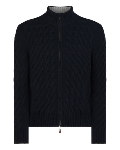 N.Peal Men's Hammersmith Cable Full Zip Cashmere Jumper Navy Blue