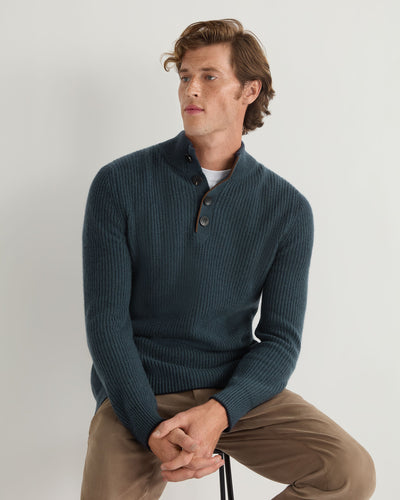 N.Peal Men's Beauchamp Half Button Cashmere Jumper Caviar Blue