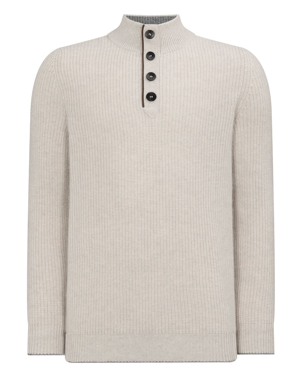 N.Peal Men's Beauchamp Half Button Cashmere Jumper Pebble Grey