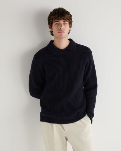 N.Peal Men's Clapham Rib Cashmere Polo Navy Blue