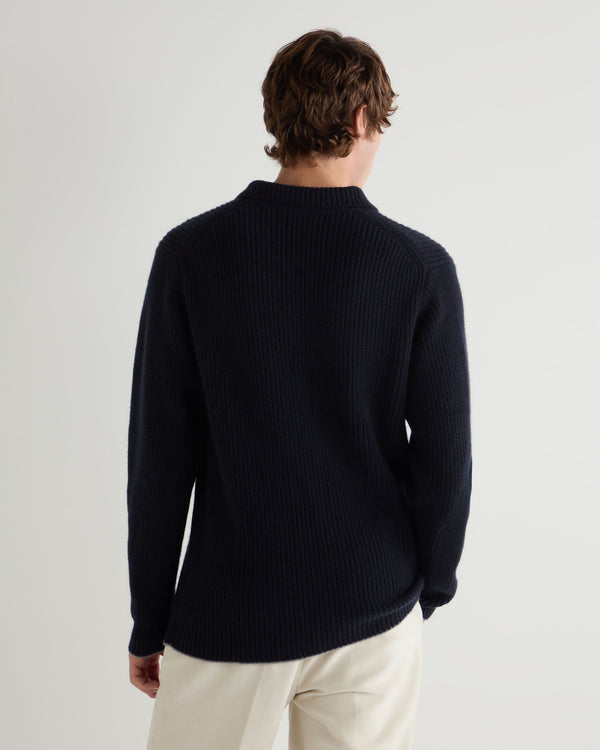 N.Peal Men's Clapham Rib Cashmere Polo Navy Blue