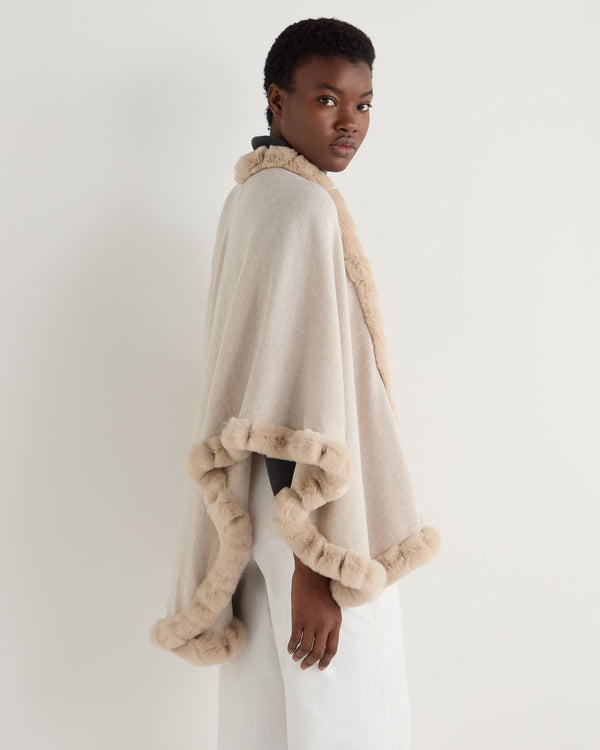 N.Peal Women's Ayla Fur Trim Cashmere Cape Ecru White