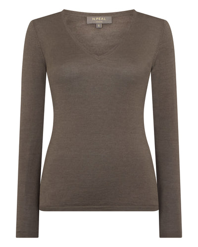 N.Peal Women's Imogen Superfine Cashmere V Neck Jumper Mink Brown