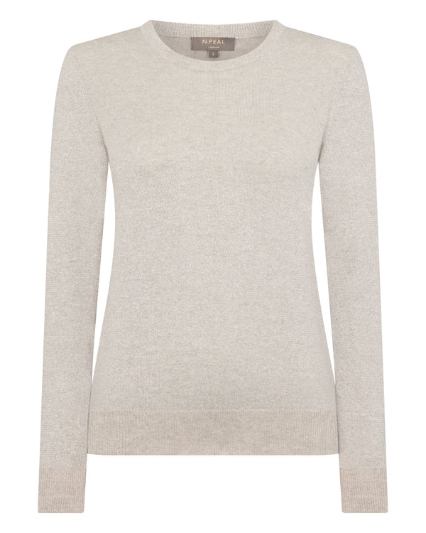 N.Peal Women's Evie Classic Round Neck Cashmere Jumper With Lurex Sand Brown Sparkle