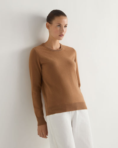 N.Peal Women's Evie Classic Round Neck Cashmere Jumper Dark Camel Brown