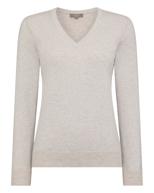 N.Peal Women's Phoebe V Neck Cashmere Jumper With Lurex Sand Brown Sparkle