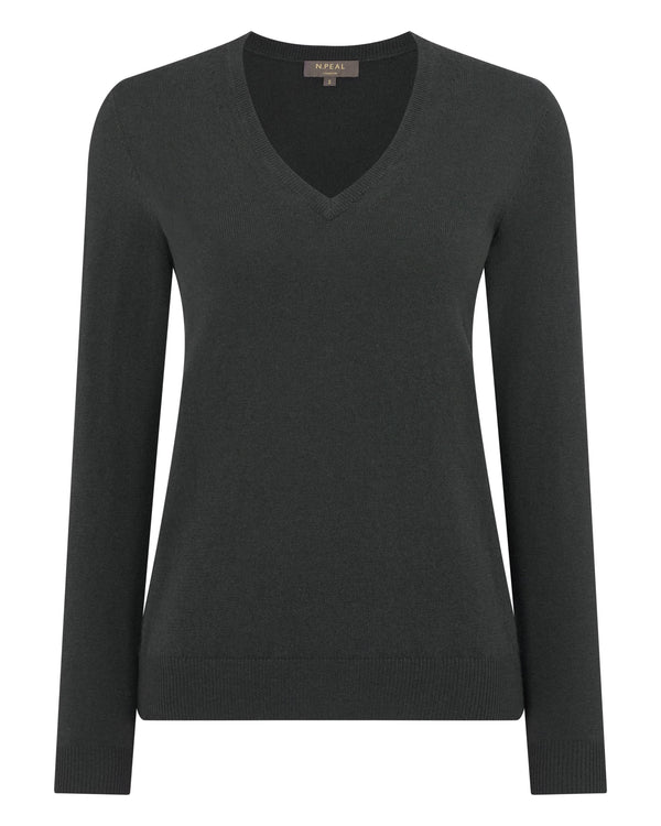 N.Peal Women's Phoebe V Neck Cashmere Jumper Anthracite Grey