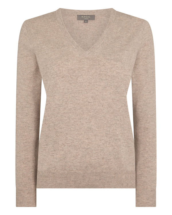 N.Peal Women's Phoebe V Neck Cashmere Jumper Oatmeal Brown