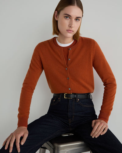 N.Peal Women's Olivia Round Neck Cashmere Cardigan Rust Orange