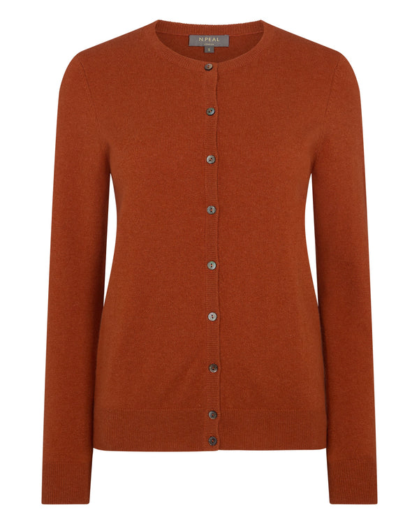 N.Peal Women's Olivia Round Neck Cashmere Cardigan Rust Orange