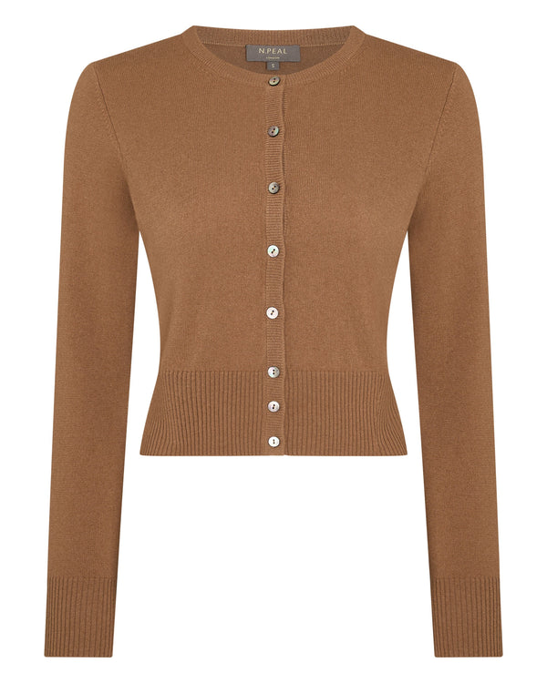 N.Peal Women's Ivy Cropped Cashmere Cardigan Dark Camel Brown