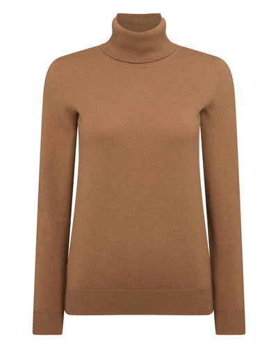 N.Peal Women's Luna Roll Neck Cashmere Jumper Dark Camel Brown