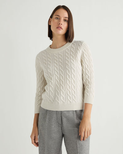 N.Peal Women's Emilia Cable Round Neck Cashmere Jumper With Lurex Snow Grey Sparkle