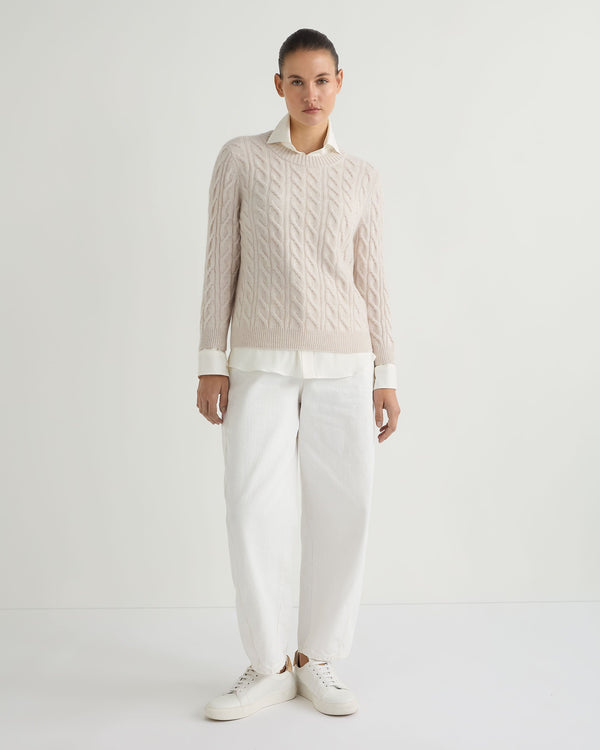 N.Peal Women's Emilia Cable Round Neck Cashmere Jumper Frost White