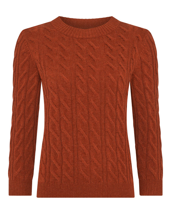 N.Peal Women's Emilia Cable Round Neck Cashmere Jumper Rust Orange