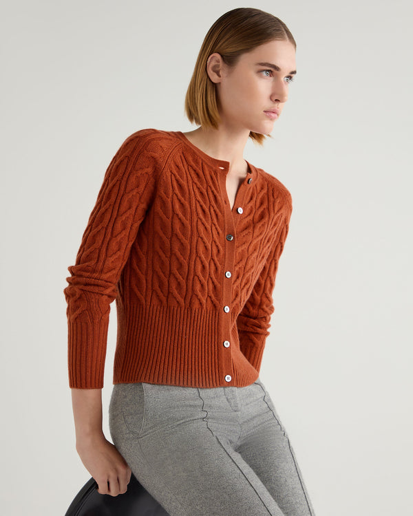 N.Peal Women's Myla Cable Cashmere Cardigan Rust Orange