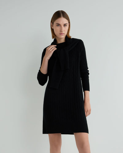 N.Peal Women's Bella Round Neck Cable Cashmere Dress Black