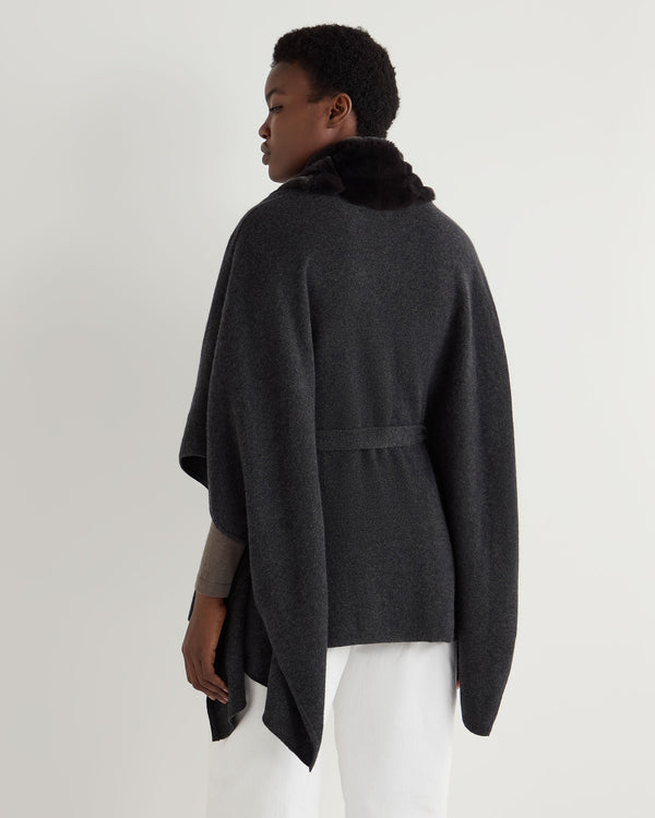 N.Peal Women's Isabella Fur Trim Cashmere Cape Dark Charcoal Grey