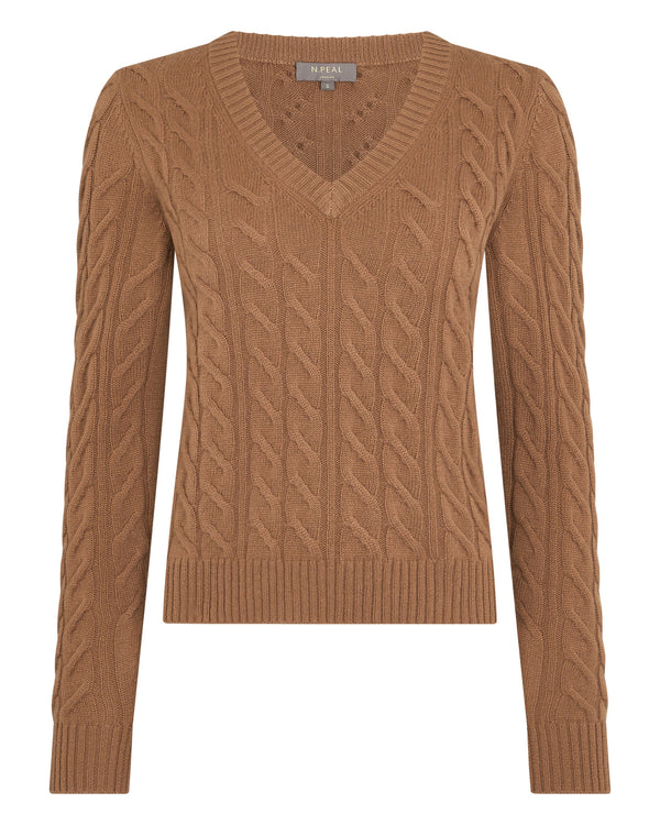 N.Peal Women's Frankie Cable V Neck Cashmere Jumper Dark Camel Brown