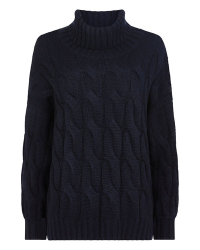 N.Peal Women's Hana Chunky Cable Roll Neck Cashmere Jumper Navy Blue