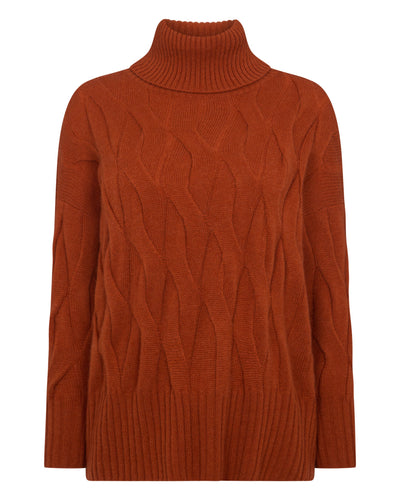 N.Peal Women's Emmie Relaxed Cable Roll Neck Cashmere Jumper Rust Orange