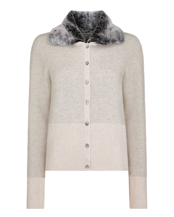 N.Peal Women's Herringbone Cashmere Cardigan Frost White