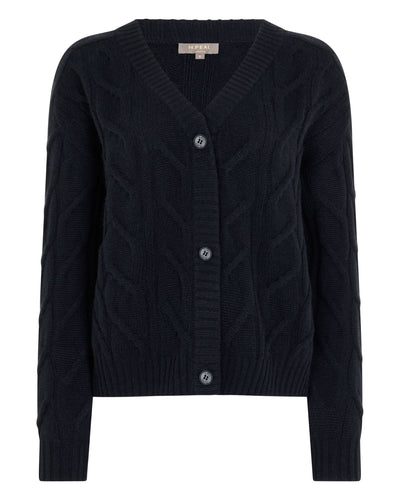 N.Peal Women's V Neck Cable Cashmere Cardigan Navy Blue