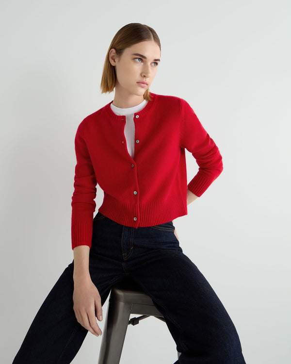 N.Peal Women's Chunky Crop Cashmere Cardigan Riding Red