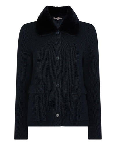 N.Peal Women's Herringbone Cashmere Jacket with Fur Trim Navy Blue