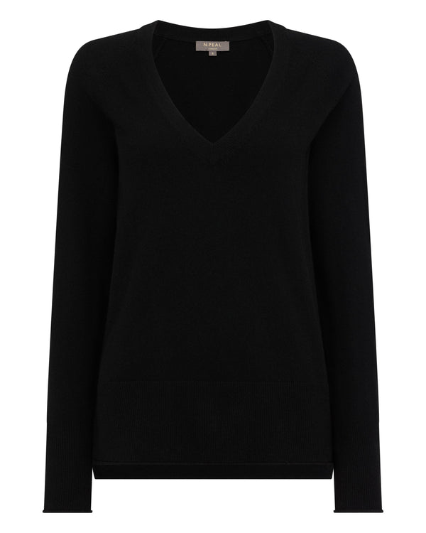 N.Peal Women's Relaxed V Neck Cashmere Jumper Black