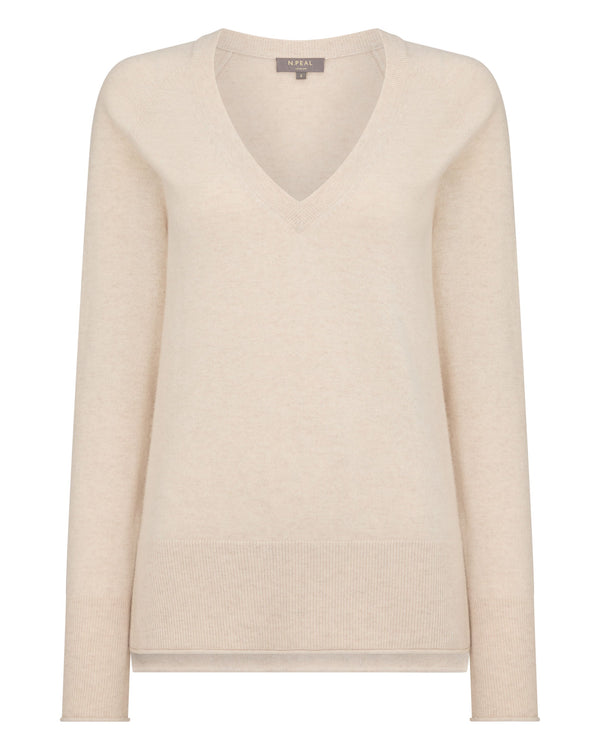 N.Peal Women's Relaxed V Neck Cashmere Jumper Ecru White