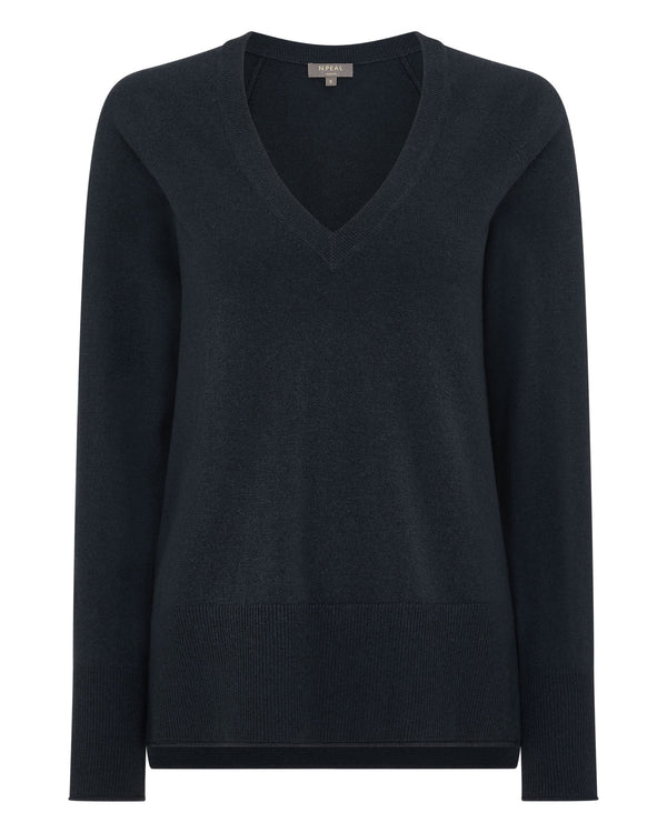 N.Peal Women's Relaxed V Neck Cashmere Jumper Grigio Blue