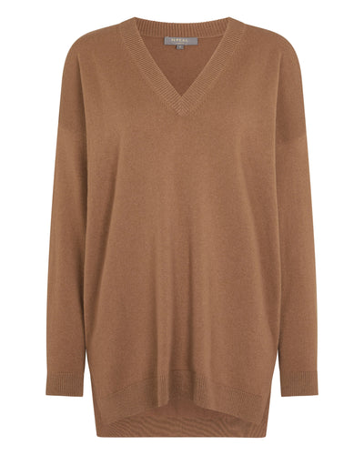 N.Peal Women's Longline V Neck Cashmere Jumper Dark Camel Brown