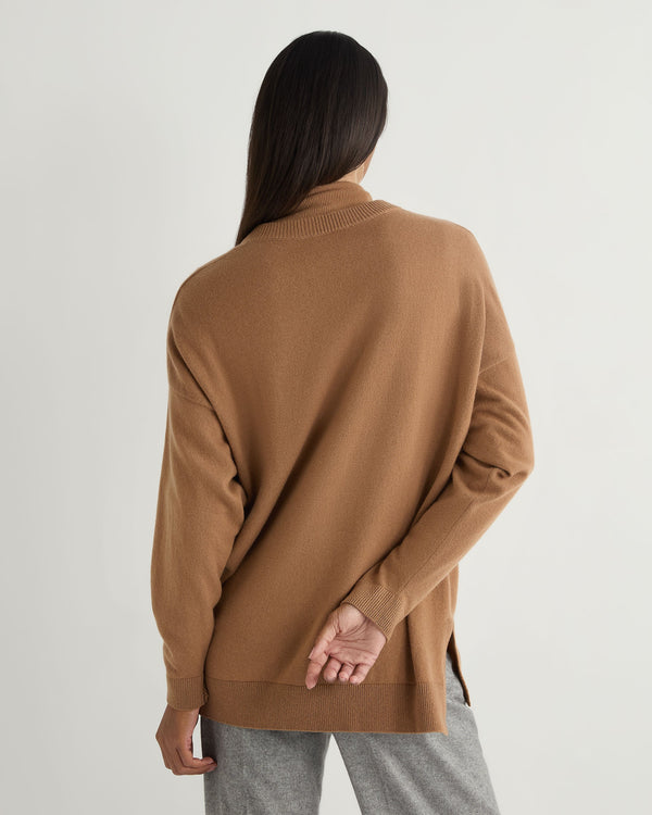 N.Peal Women's Longline V Neck Cashmere Jumper Dark Camel Brown