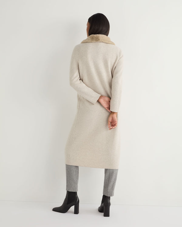 N.Peal Women's Herringbone Cashmere Coat With Fur Trim Sand Brown