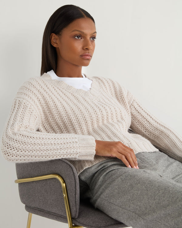 N.Peal Women's Statement Rib V Neck Cashmere Jumper Frost White