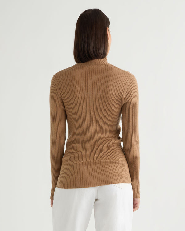 N.Peal Women's Superfine Cashmere Ribbed Roll Neck Jumper Dark Camel Brown