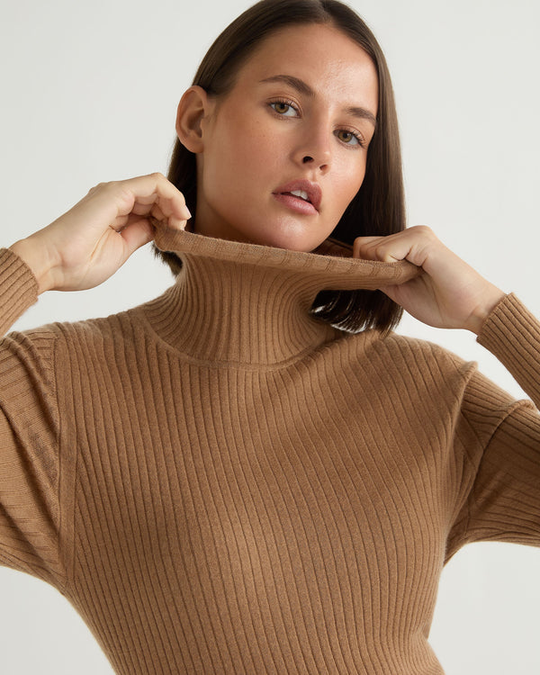 N.Peal Women's Superfine Cashmere Ribbed Roll Neck Jumper Dark Camel Brown