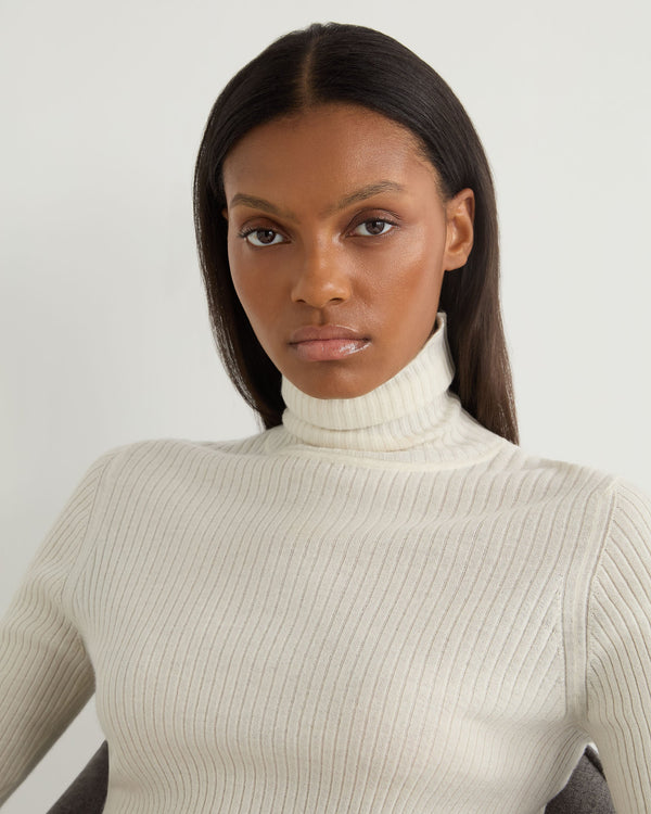 N.Peal Women's Superfine Cashmere Ribbed Roll Neck Jumper New Ivory White